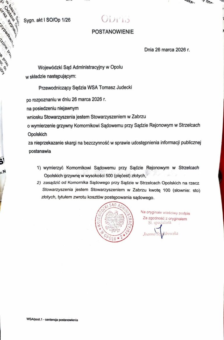 WSA w Opolu wymierzył grzywnę Komornikowi ze Strzelec Opolskich